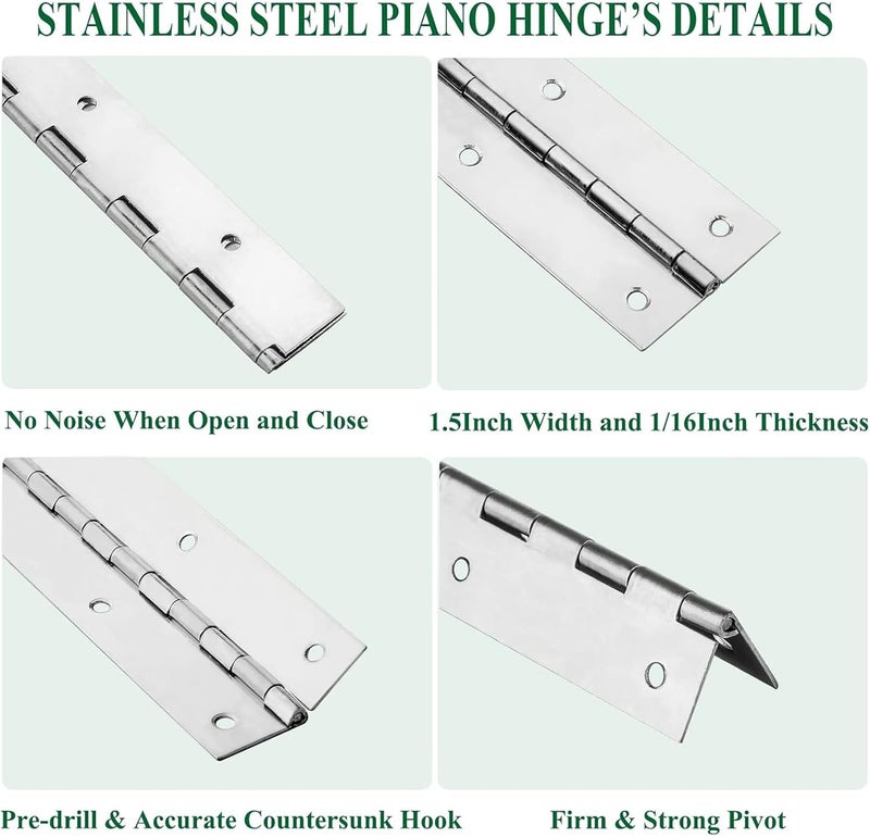 EVANCENT 4Pack Heavy Duty Piano Hinge, 2" Open Width x 16" Continuous & Piano Hinges, 0.06” Thick Stainless Steel Piano Hinge with Holes, Polished Stainless Furniture Hinges for Cabinet Door Cases Woodworking - Image 3